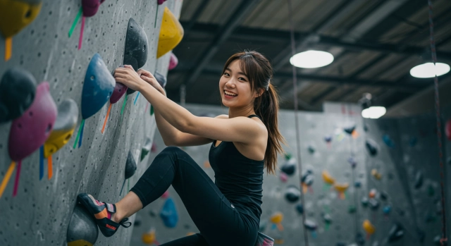 실내 클라이밍을 처음 시도하는 한국인 여성
