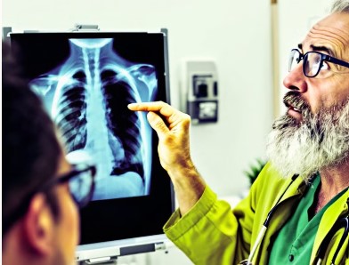 X-ray 영상으로 결핵 증상을 확인하는 의사와 환자의 모습