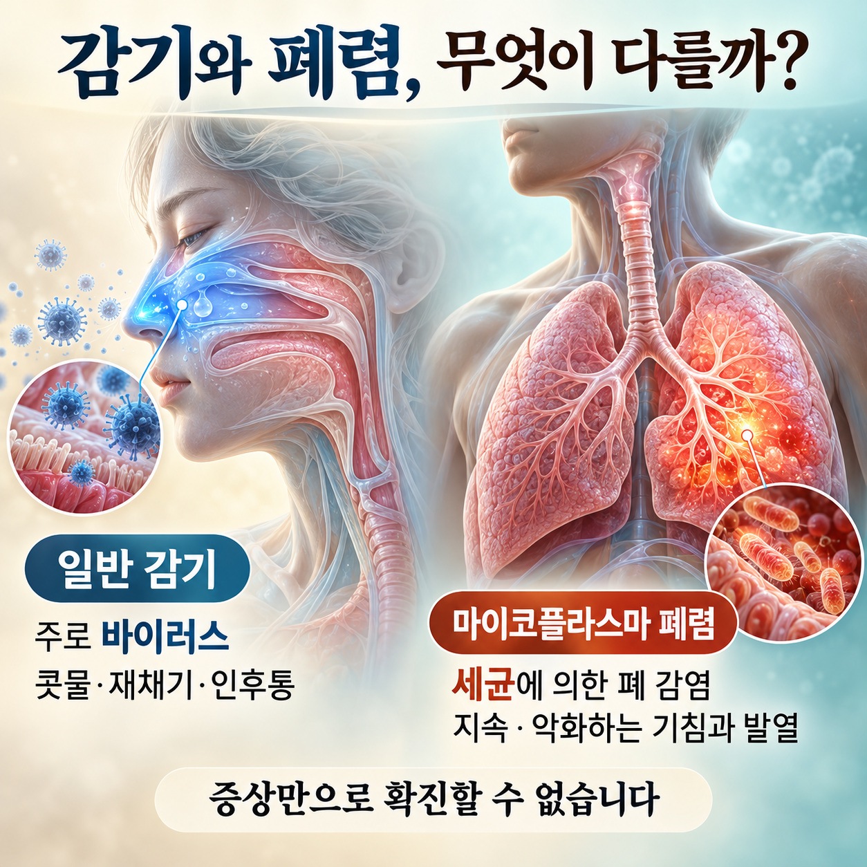 코와 목 중심의 일반 감기와 폐 감염인 마이코플라스마 폐렴의 원인&middot;증상을 비교한 입체 교육용 인포그래픽