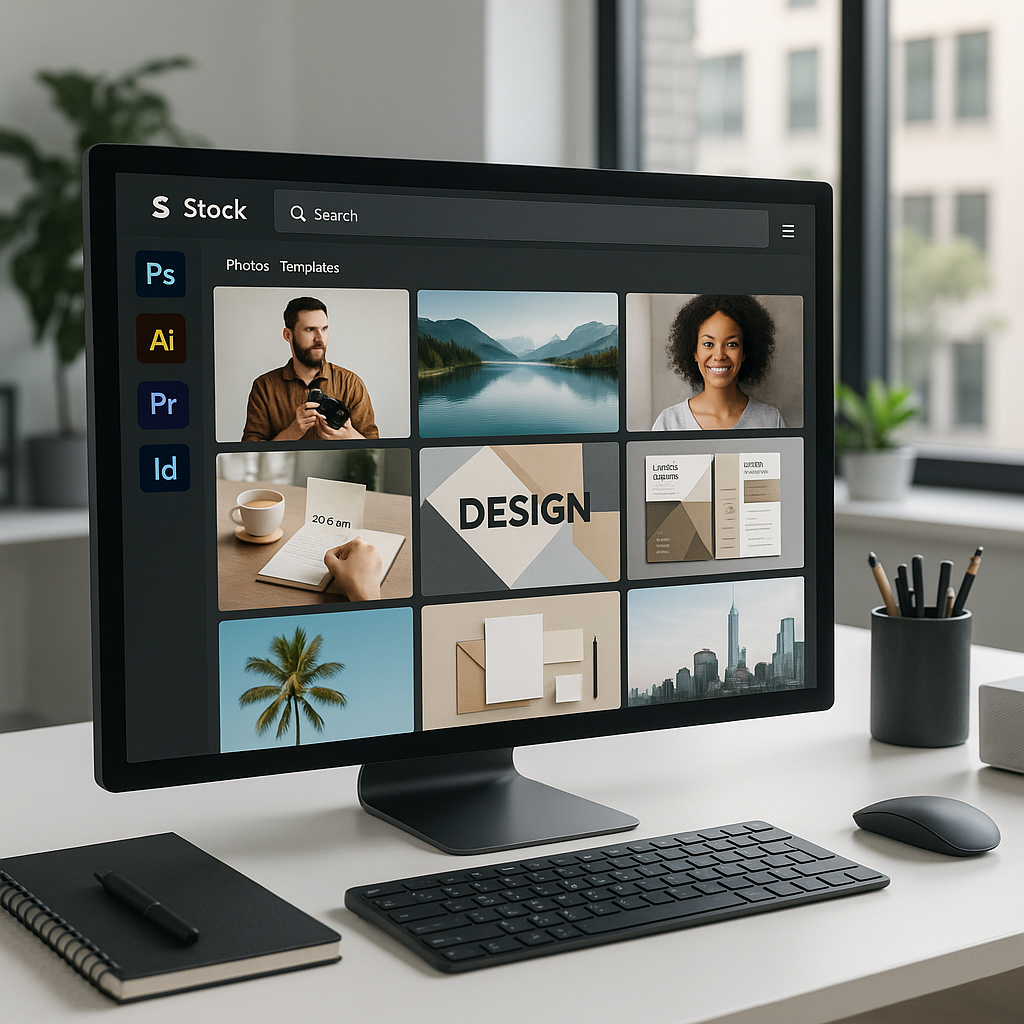 Adobe Stock complete usage guide showing interface, free trial, cancellation methods, commercial licensing, and creator registration process for 2025