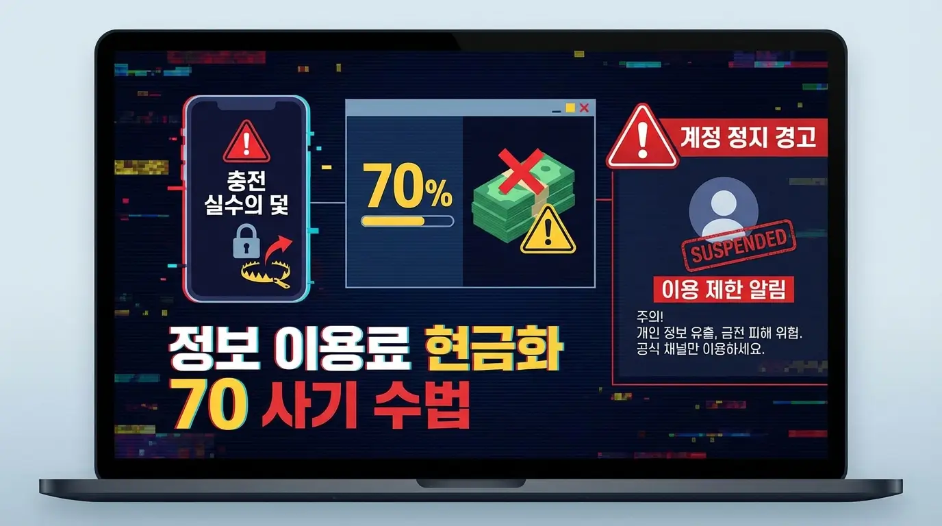 충전 실수의 덫 정보 이용료 현금화 70 사기 수법 및 계정 정지 경고