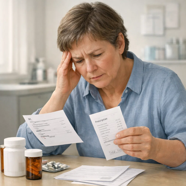 스타틴 처방전과 약값 영수증을 들여다보며 비용 부담을 고민하는 중년 여성 2