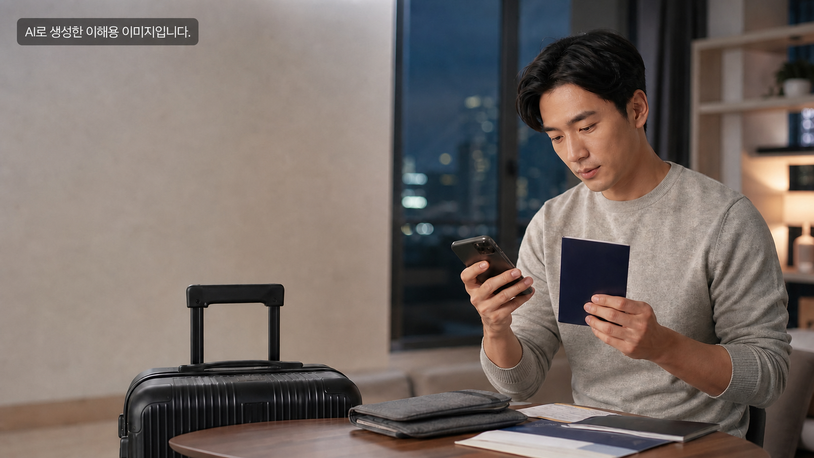 해외여행 전 스마트폰과 전자여권을 준비하는 여행자