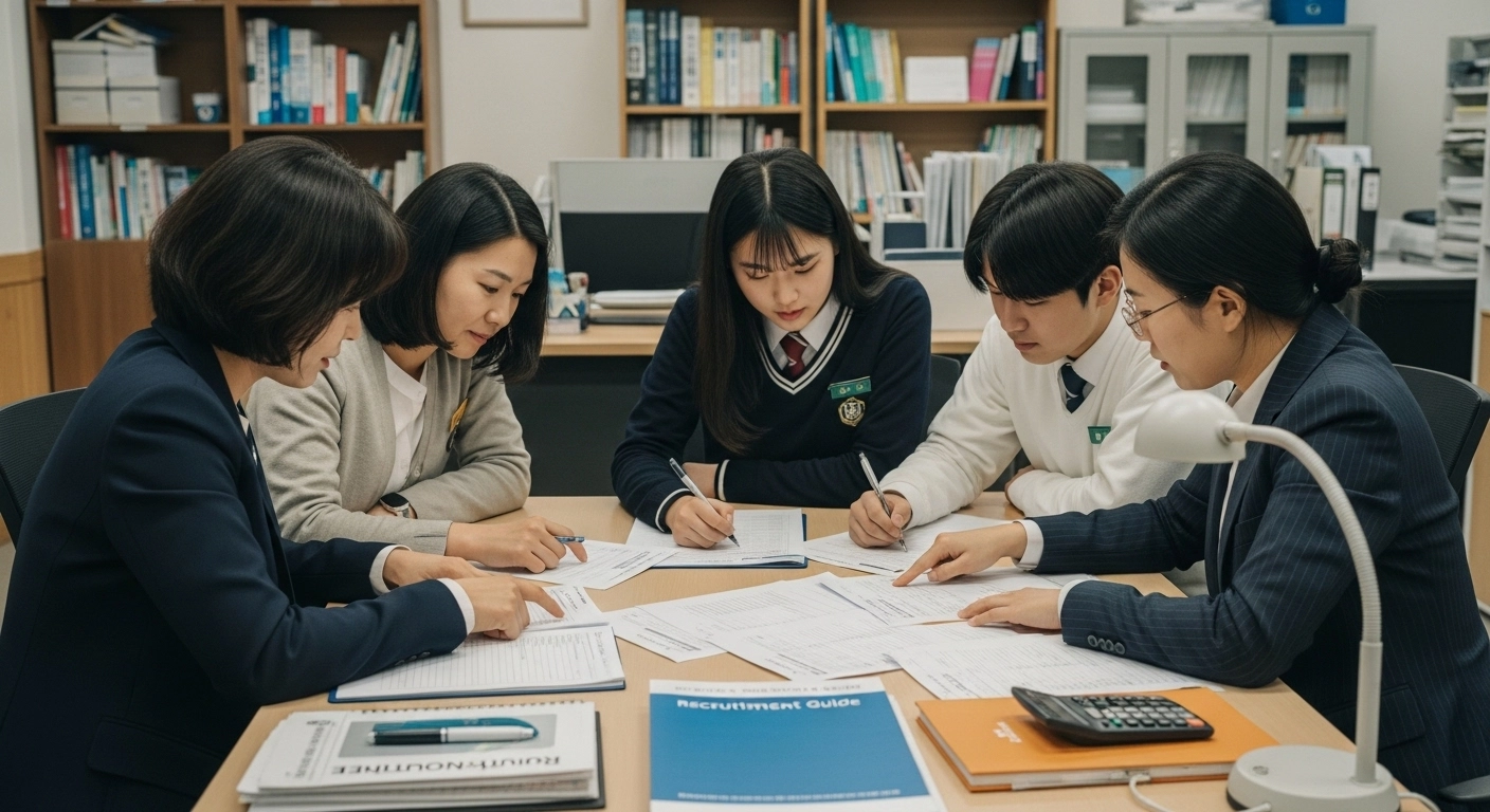 학생과 부모가 대학입시 상담 교사와 모집요강을 확인하고 있는 장면