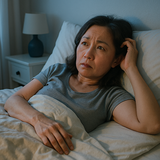 불면증 중년 여성이 침대에 누워 있음