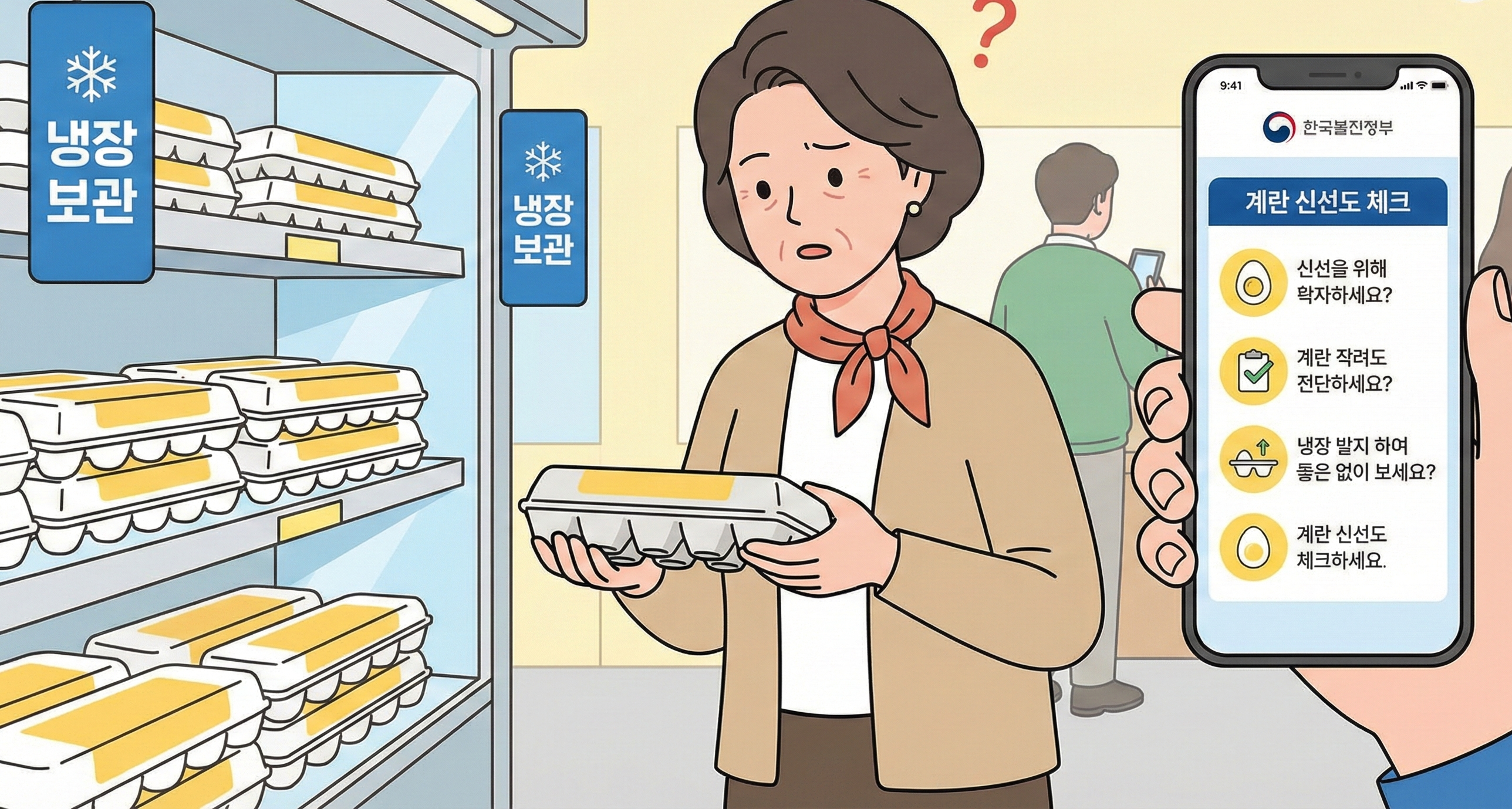 마트에서 계란을 고르는 중년여성