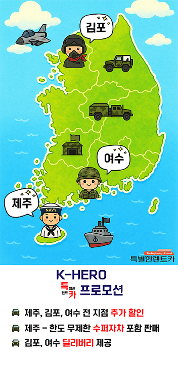 K-HERO
특별한 렌트카 프로모션
제주, 김포, 여수 전 지점에서 추가할인 가능
제주에서 한도 무제한 수퍼자차 포함 판매
김포, 여수 딜리버리 제공