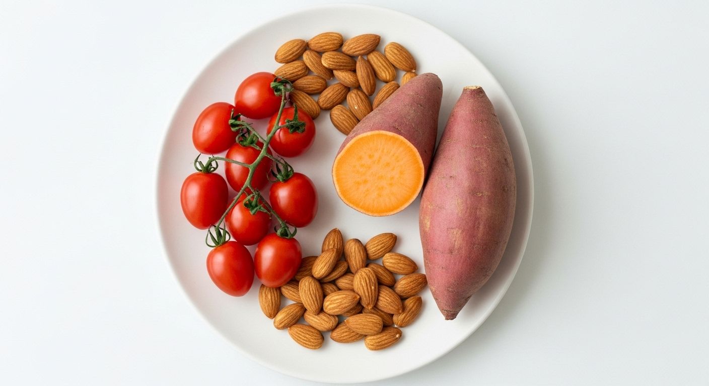 방울토마토&amp;#44; 아몬드&amp;#44; 삶은 고구마로 구성된 한국 다이어트 간식