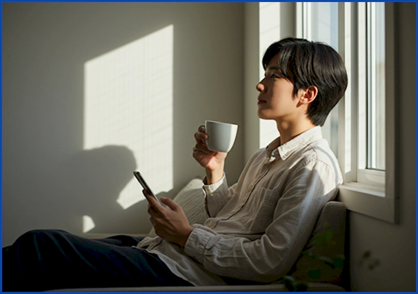디지털 피로에서 벗어나 창가에서 평화롭게 휴식을 취하며 건강한 디지털 거리두기를 실천하는 현대인의 모습