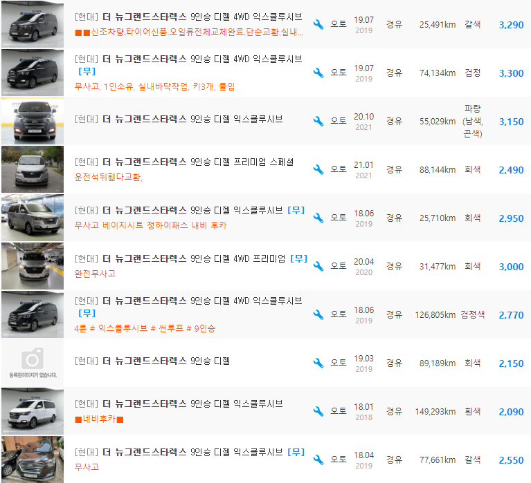 더 뉴 그랜드 스타렉스 9인승 디젤 등급 중고차 가격 : 1,830만원 ~ 3,570만원