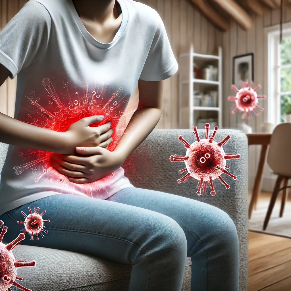 노로바이러스 증상으로 복통을 겪고 있는 사람의 이미지