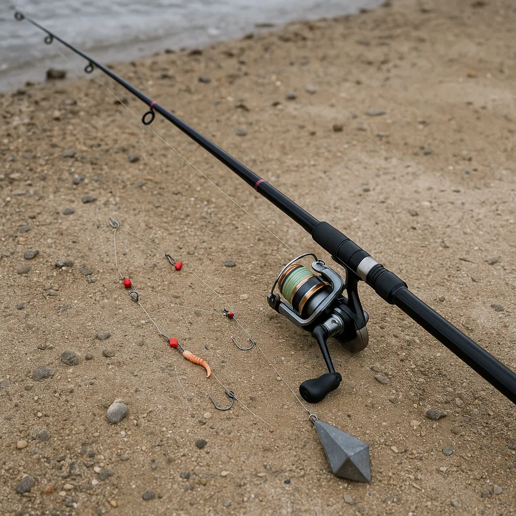 망둥어 낚시용 원투 낚싯대와 2단 카드 채비가 펼쳐진 장면