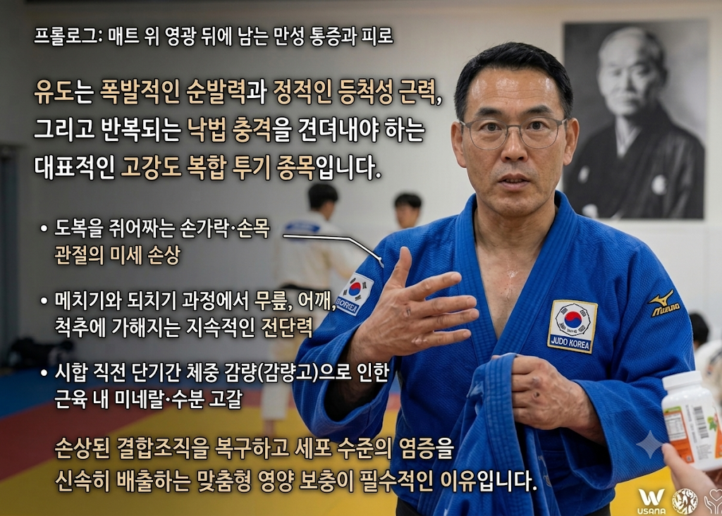 파란색 유도복을 입은 안경 쓴 남성이 도장에서 손짓하며 유도 부상 예방과 영양 보충의 필요성을 설명하는 이미지