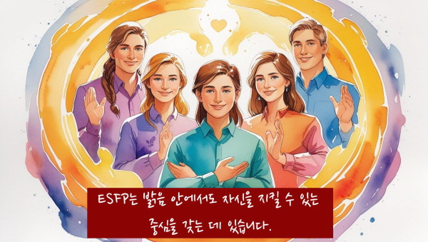 ESFP에게 당당함은 ‘밝음’ 그 자체가 아니라, 밝음 안에서도 자신을 지킬 수 있는 중심을 갖는 데 있습니다에 관한 그림입니다