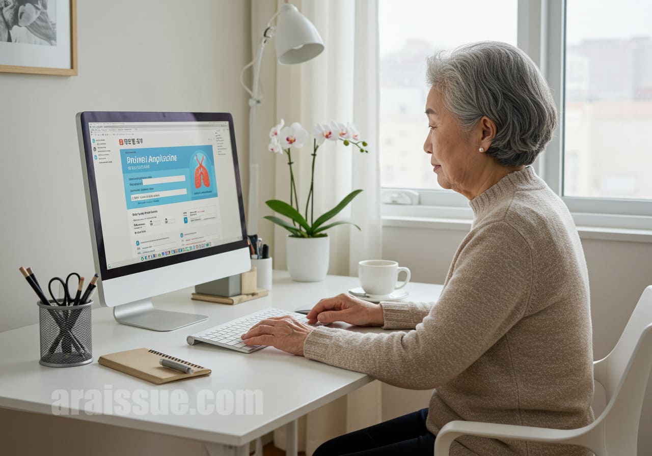 한국의 고령자가 집에서 컴퓨터를 사용해 폐렴 예방접종 신청서를 작성하는 모습. 깨끗하고 현대적인 사무실 환경.