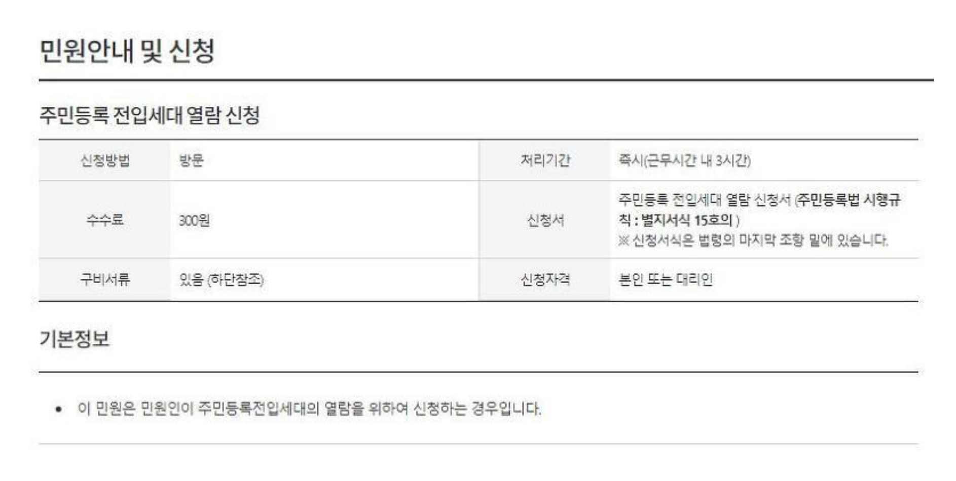 주민등록 전입세대확인서 열람 300원과 교부 400원 또는 500원 수수료