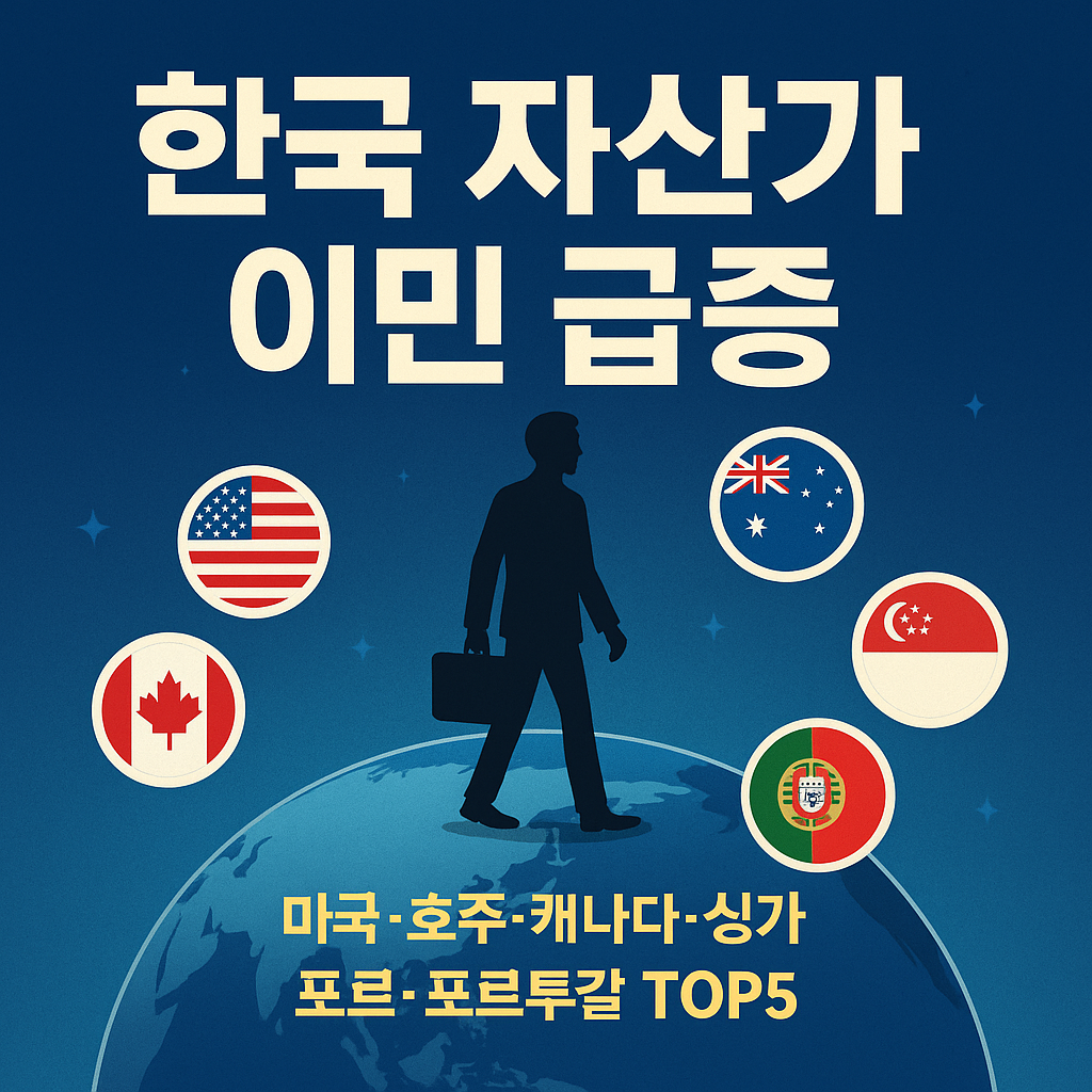 한국 자산가 이민 급증 – 미국, 호주, 캐나다, 싱가포르, 포르투갈 국기와 지구 위 비즈니스맨 실루엣