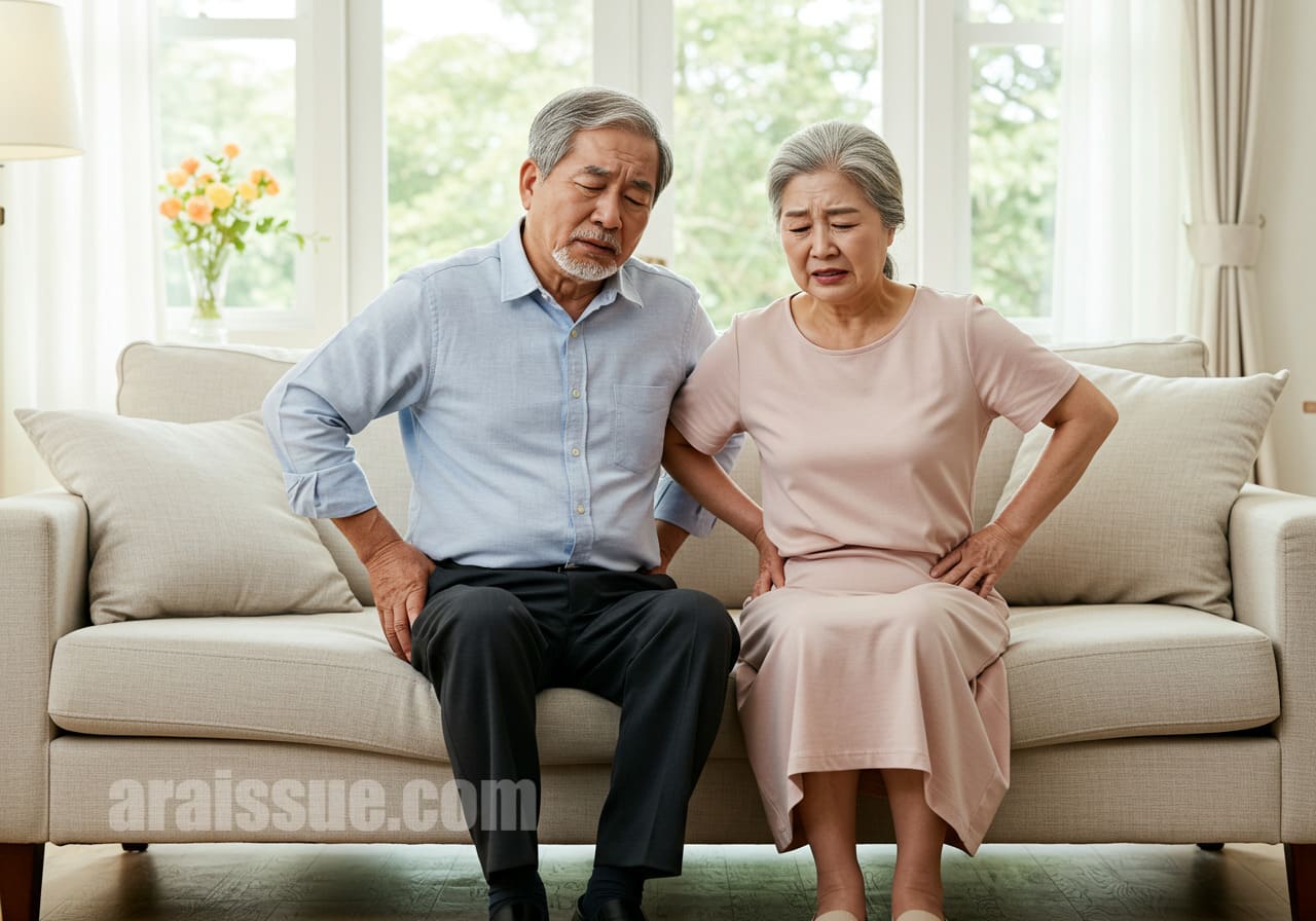 관절과 통증으로 힘들어하는 중장년 커플 모습