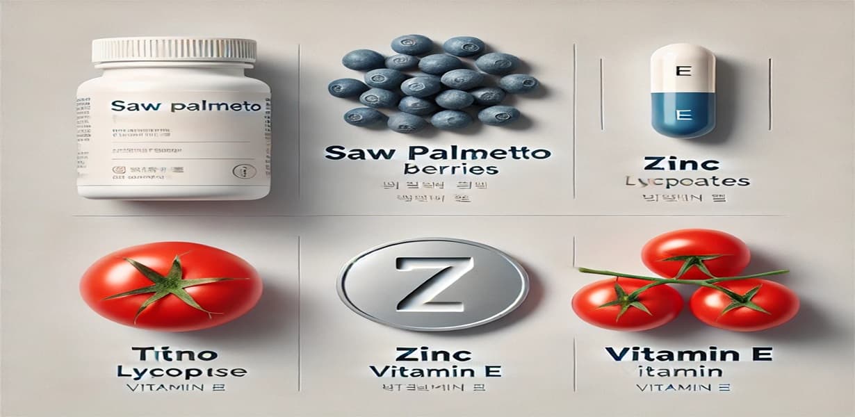 쏘팔메토 열매, 아연 캡슐, 토마토, 비타민E 소프트젤이 정갈하게 놓인 건강 영양소 이미지