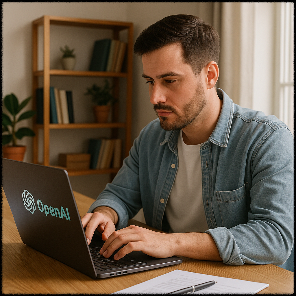 노트북으로 챗GPT 콘텐츠를 제작하는 남성