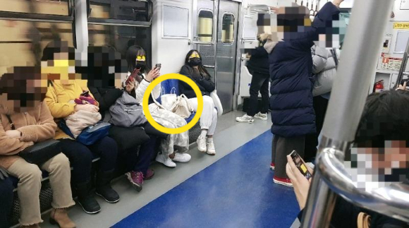 지하철에서 다른 승객들이 못 앉게 좌석에 가방을 올려둔 채 앉아 있는 여성들 사연이 공개돼 공분을 사고 있다. [사진=온라인 커뮤니티]
