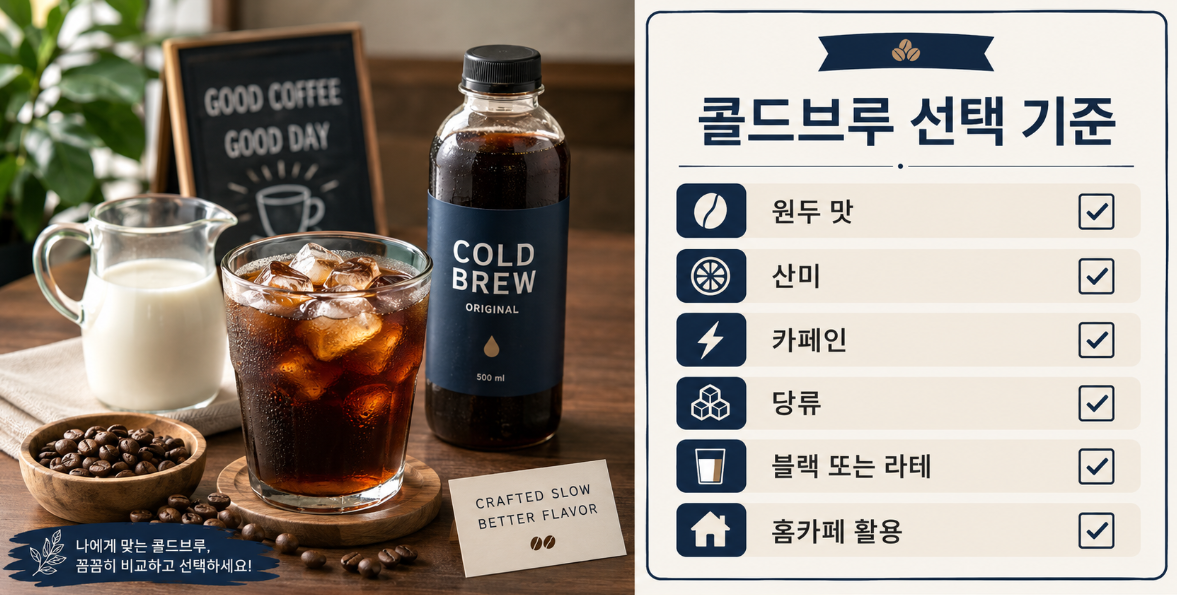 콜드브루를 선택할 때 산미, 카페인, 당류, 블랙 또는 라테 여부를 확인하는 체크리스트 이미지
