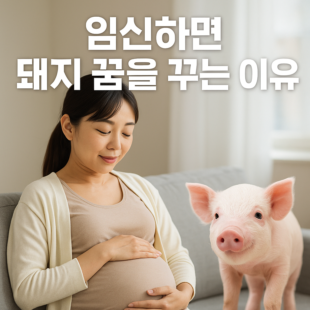 임신하면 돼지 꿈을 꾸는 이유 – 소파에 앉아 배를 어루만지는 임산부와 그 앞에 서 있는 분홍색 새끼 돼지의 모습