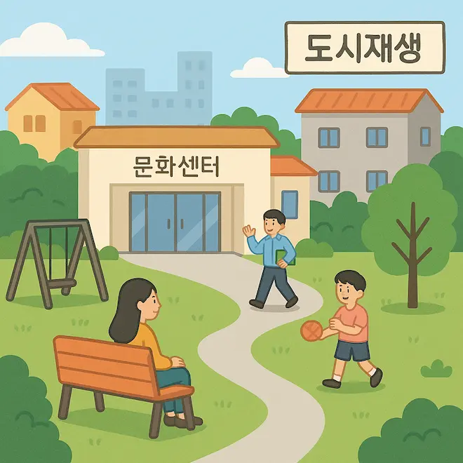 도시 재생 사업으로 문화 시설과 공원이 생긴 마을