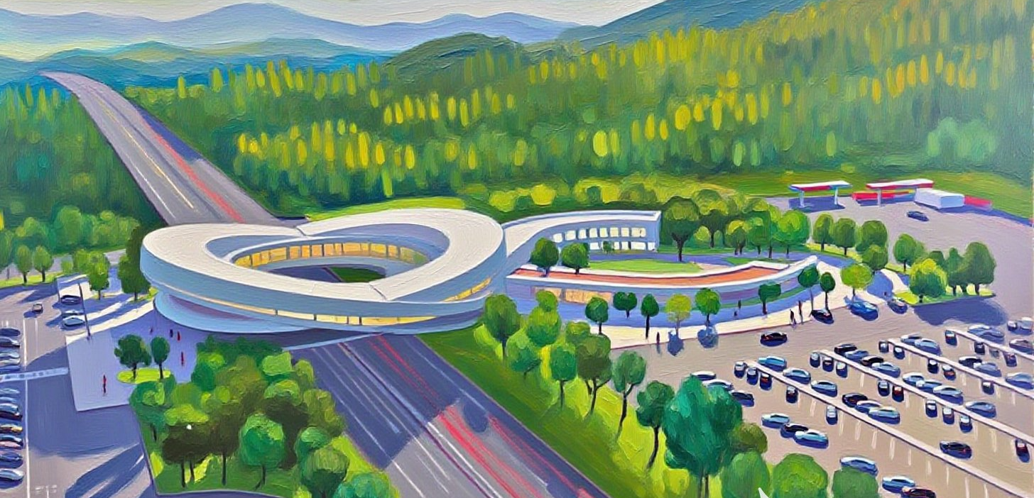 세종포천고속도로 우주선 모양의 미래형 처인휴게소 전경