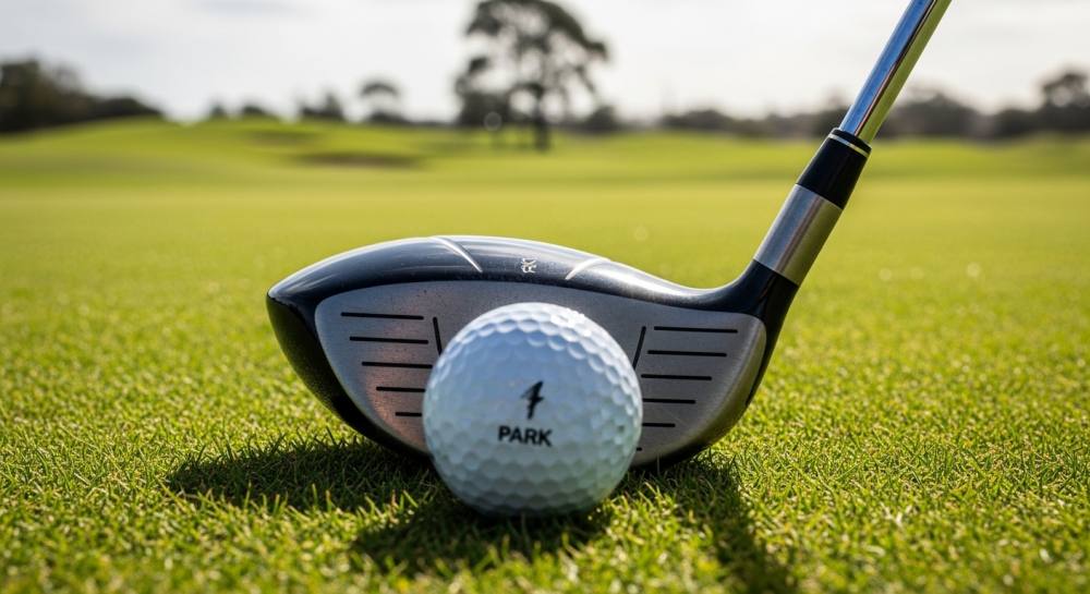 필드에 골프채와 골드공 올라와있는 사진