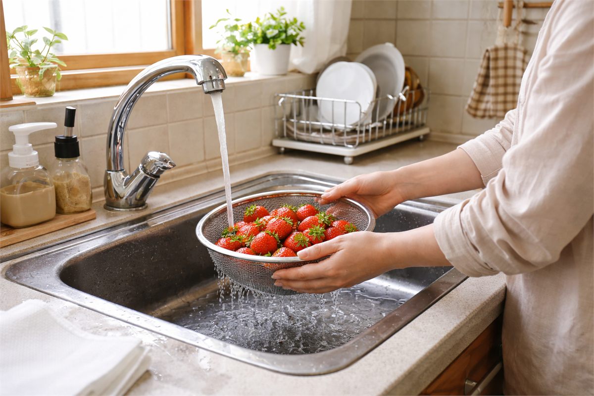 한국 가정 주방 싱크대에서 딸기를 씻는 넓은 장면
