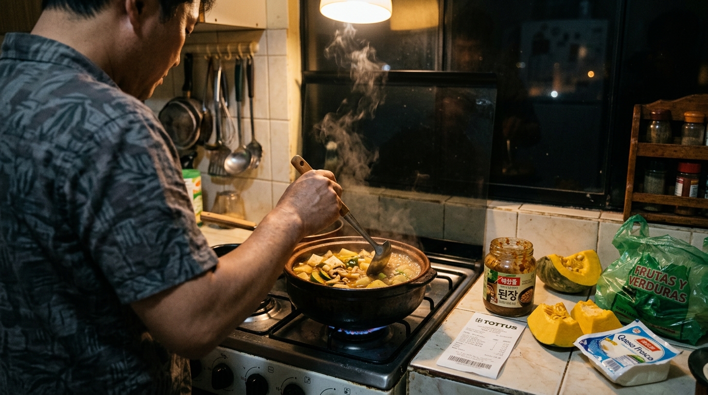 늦은 밤 작은 주방에서 된장찌개를 끓이며 김이 올라오는 냄비를 바라보는 모습