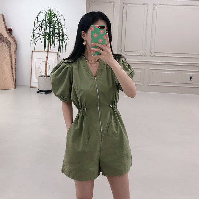 퍼프 스트링 지퍼 반바지 점프슈트(3col)