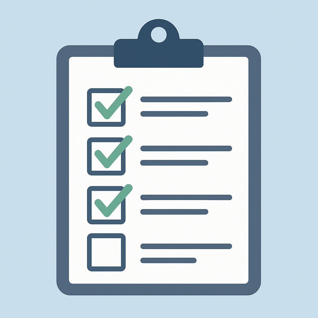 암보험 가입 전 확인해야 할 항목들을 시각적으로 표현한 체크리스트 클립보드 일러스트. 깔끔한 아이콘 형태로 면책기간, 보장 조건, 청구 요건 등을 강조하기 좋은 이미지.