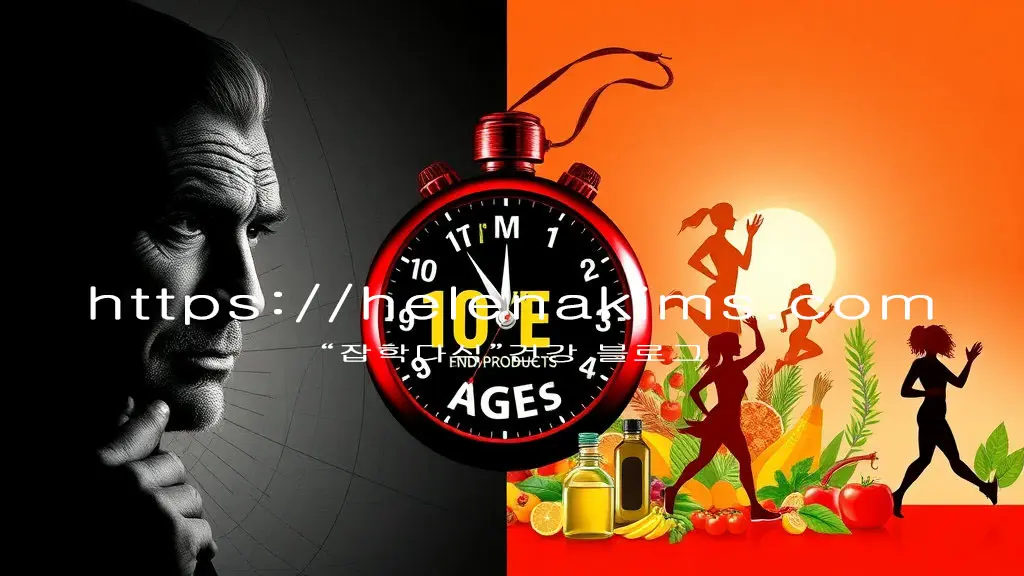 '당독소(AGEs)' 이미지를 중앙에 배치하고, 한편에는 노화와 만성질환을 상징하는 어두운 그림자를, 다른 한편에는 신선한 제철 식재료(채소, 과일, 올리브유)와 활기찬 운동하는 모습.