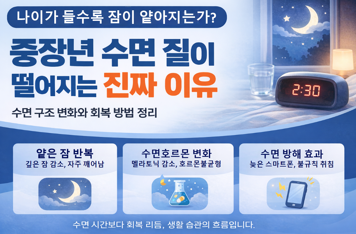 중장년 수면 질이 떨어지는 진짜 이유 / 나이 들수록 잠이 얕아지는 구조와 회복 방법