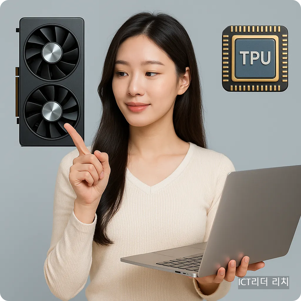 GPU와 TPU를 비교하며 노트북을 든 20대 한국 여성