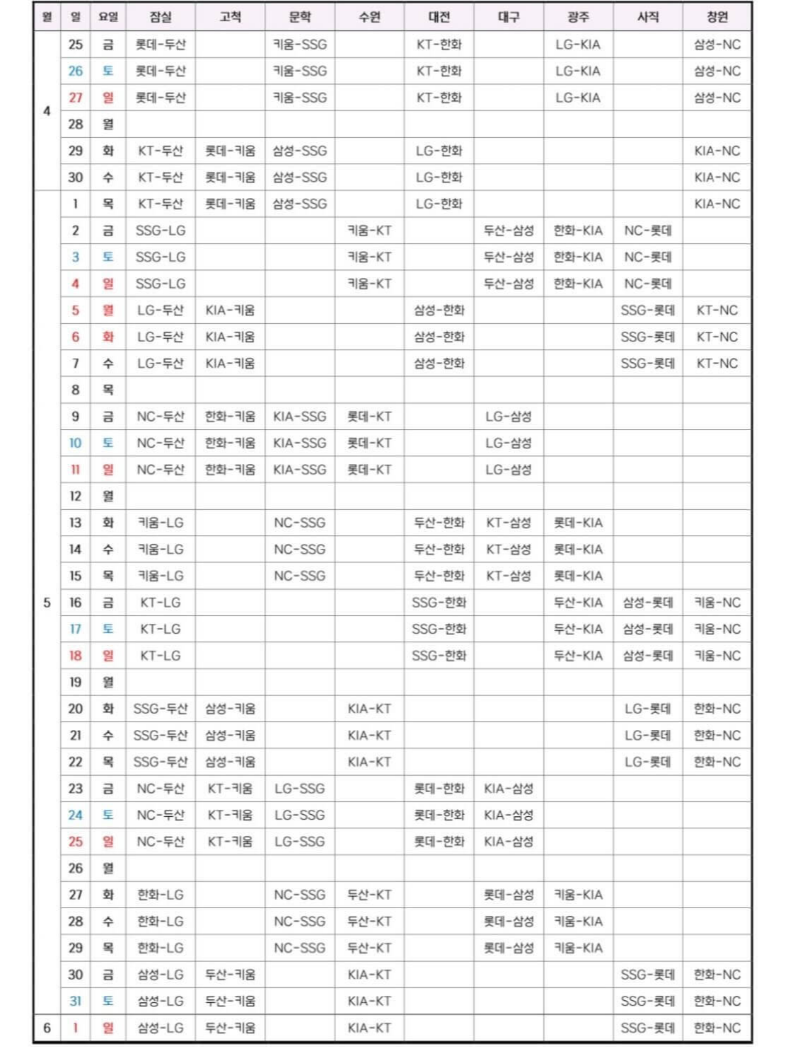 2025 KBO리그 일정