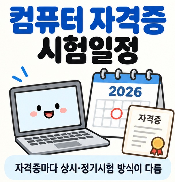 달력과 컴퓨터 모니터 자격증 아이콘을 중심으로 컴퓨터 자격증 시험일정 문구를 보여주는 대표 카드뉴스 이미지