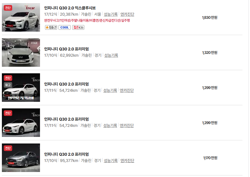 인피니티 Q30 중고차 가격 시세표 연비