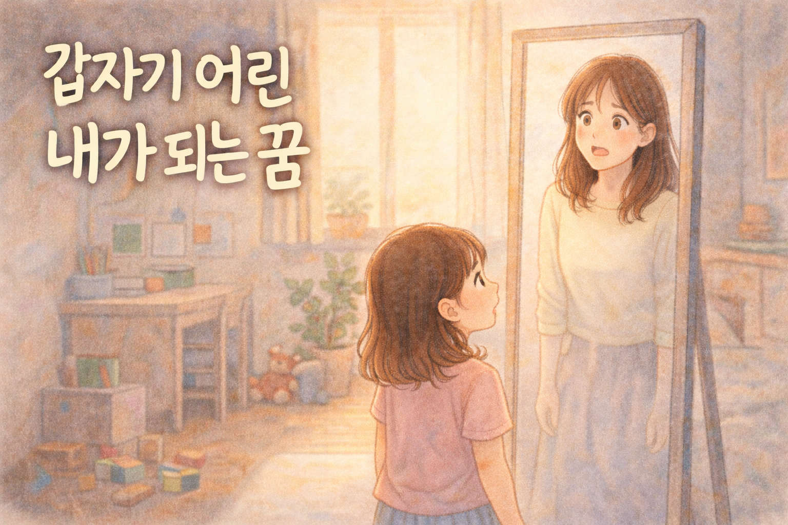 어린 여자아이가 방에서 거울을 보자 거울 속에는 놀란 표정의 성인 여성이 비친 색연필 스타일 일러스트