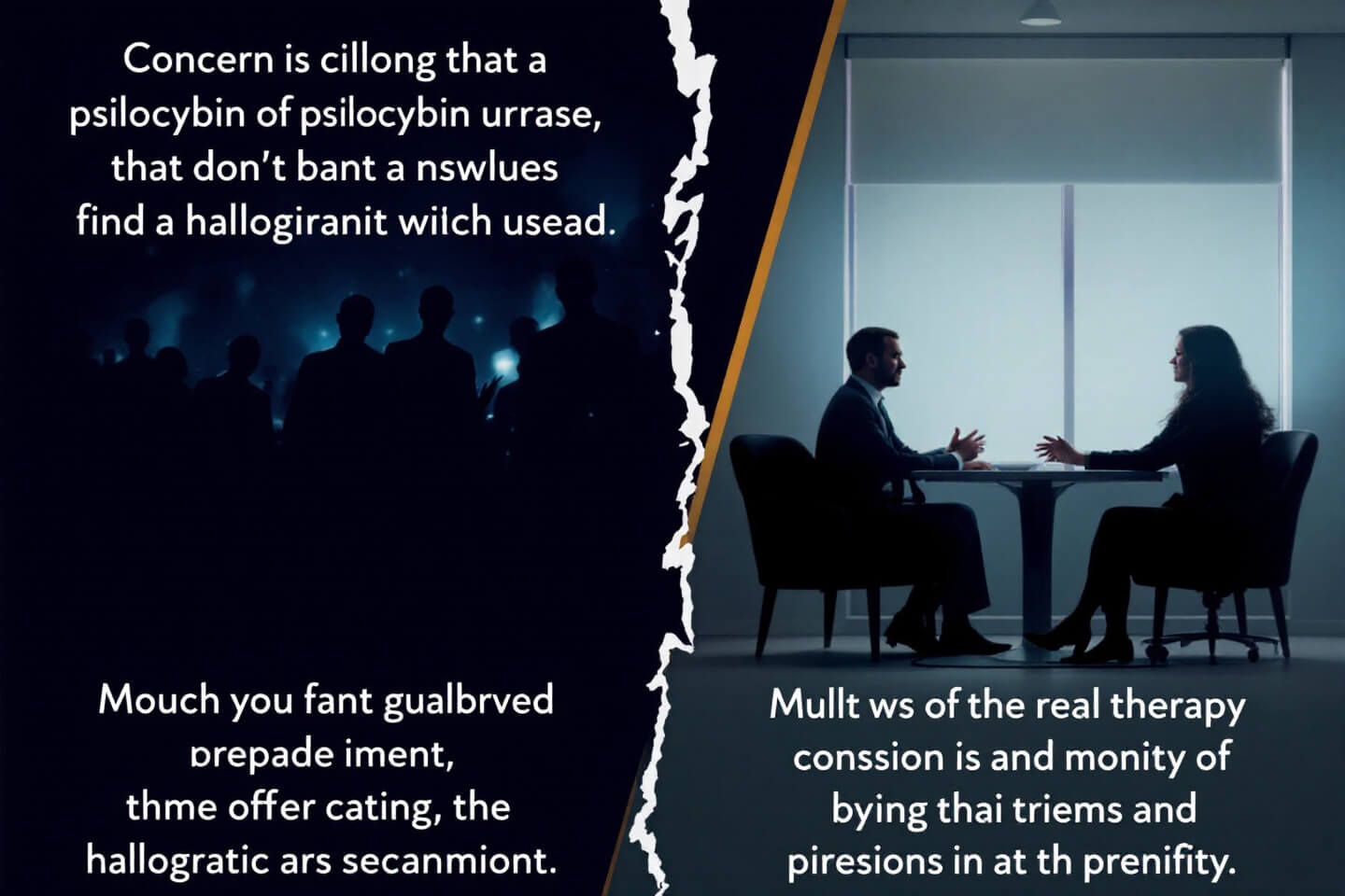 A divided image with a dark, shadowy group on one side and a formal therapy session on the other. Text overlays reflect concerns like safety, regulation, and societal debates surrounding psilocybin therapy.