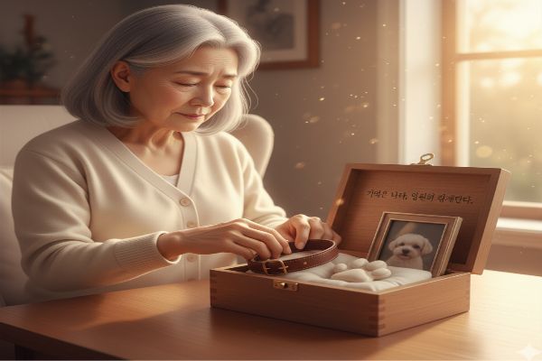 작은 상자(메모리 박스)에 강아지의 목줄, 발도장, 사진 등을 담는 보호자의 모습