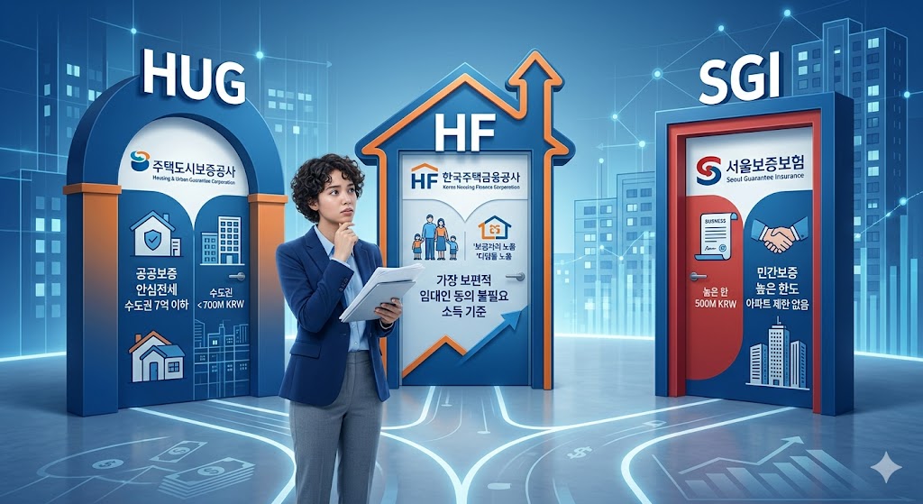 전세대출 보증기관인 HUG, HF, SGI 중 어디를 선택할지 고민하는 사람이 서류를 들고 서 있는 모습.