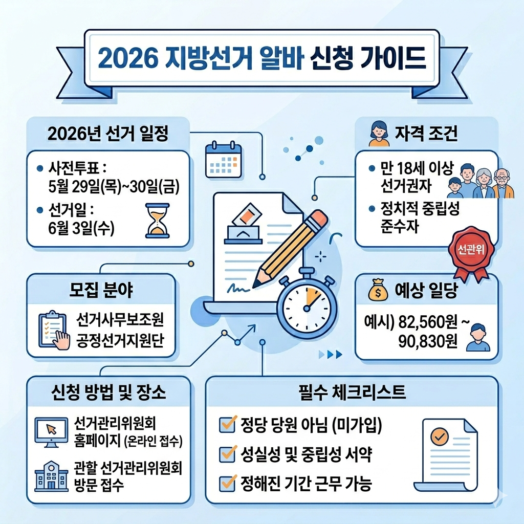 지방선거 알바 2026 신청 방법·자격·일당 총정리 선거사무보조원·공정선거지원단 공식 공고 보는 법 인포그래픽