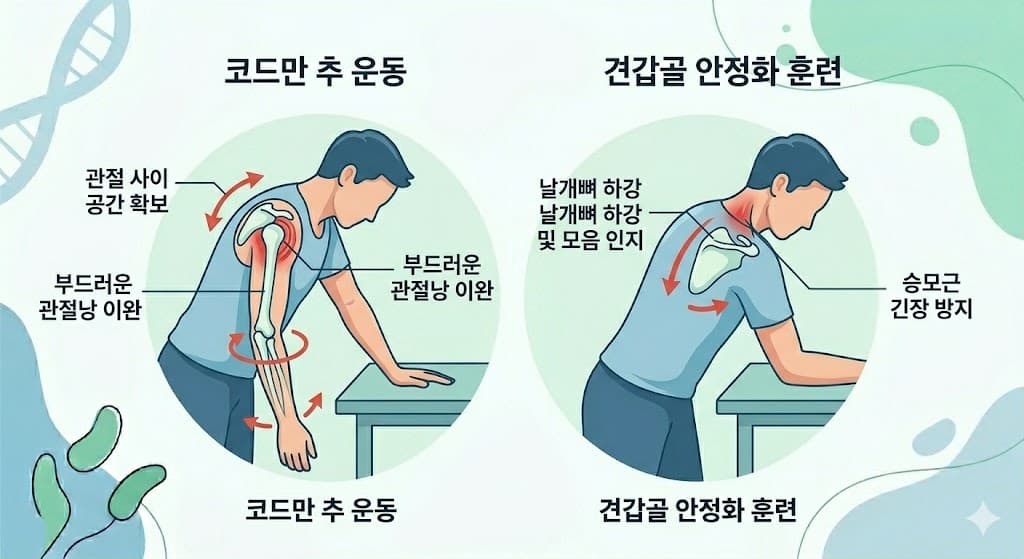 오십견 어깨 재활 필수 운동 코드만 추 운동 중력 관절 공간 확보 견갑골 안정화 훈련 날개뼈 승모근 긴장 방지 인포그래픽