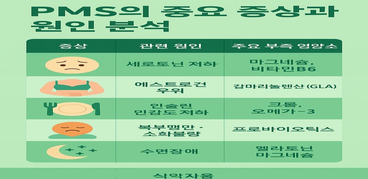 생리 전 증상별 원인과 연관된 영양소를 정리한 PMS 증상 분석 인포그래픽