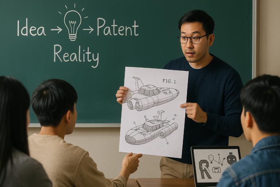강의실에서 아이디어&rarr;특허&rarr;현실을 설명하는 강사