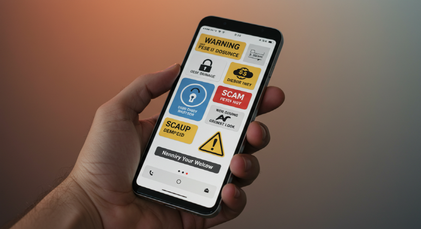사기 경고 메시지가 뜬 스마트폰을 굳건히 잡고 있는 손