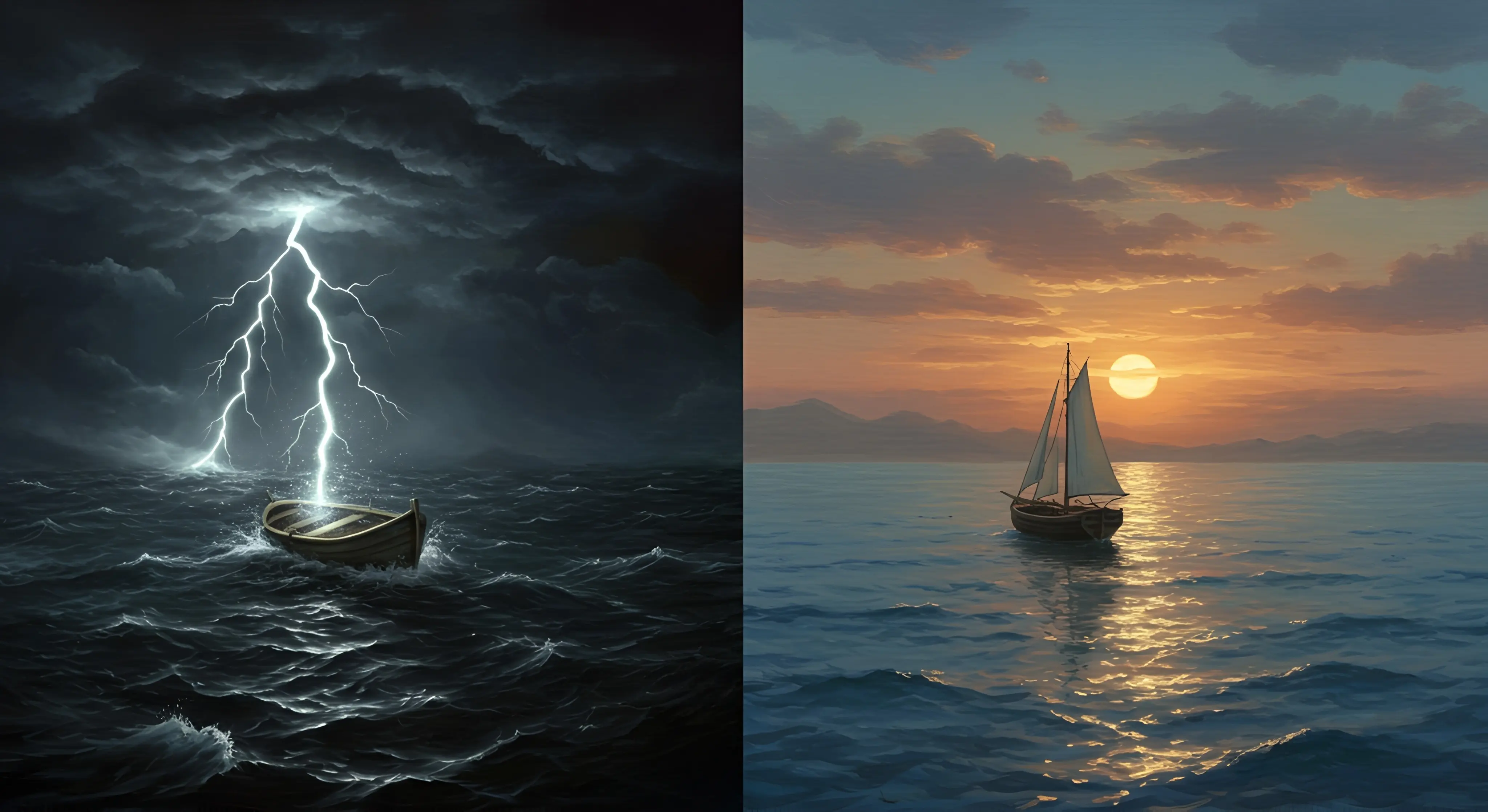두 개의 대비되는 바다 장면을 담은 일러스트레이션. 왼쪽에는 번개가 치는 폭풍우 속에서 흔들리는 작은 배가 있고, 오른쪽에는 평온한 일몰 바다 위에서 고요히 항해하는 같은 배의 모습이 그려져 있다. 스트레스 상태에서 마음챙김 호흡을 통한 평온함으로의 전환을 시각적으로 표현했다.